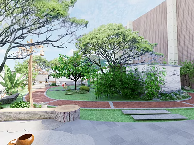 Park Landscape With Lush Trees Bamboo Stone Pathway Green Lawn Seating And Modern Building Backdrop 3d model