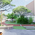 Park Landscape With Lush Trees Bamboo Stone Pathway Green Lawn Seating And Modern Building Backdrop