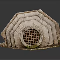 Decorative Garden Ornament Layered Stone Structure With Circular Grille Design And Moss Accents