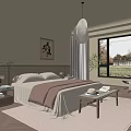 Serene Bedroom Interior Design With Rattan Headboard Pendant Light Wall Art And Scenic View