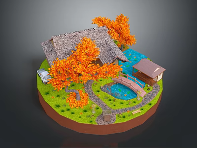 Miniature Landscape Model Featuring Thatched Cottage Orange Trees Bridge Pond And Pavilion On Circular Base 3d model