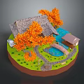 Miniature Landscape Model Featuring Thatched Cottage Orange Trees Bridge Pond And Pavilion On Circular Base