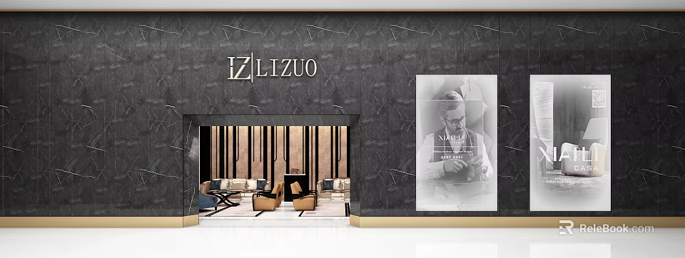 IZLIZUO Modern Storefront With Black Marble Facade Interior Furniture And Right Side Billboard 3d model 