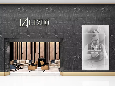 IZLIZUO Modern Storefront With Black Marble Facade Interior Furniture And Right Side Billboard 3d model