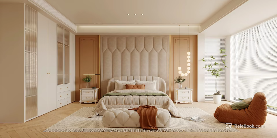 Warm Beige Bedroom Interior With Tufted Headboard White Nightstands String Lights And Potted Plant 3d model 