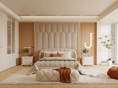 Warm Beige Bedroom Interior With Tufted Headboard White Nightstands String Lights And Potted Plant 3d model