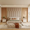 Warm Beige Bedroom Interior With Tufted Headboard White Nightstands String Lights And Potted Plant