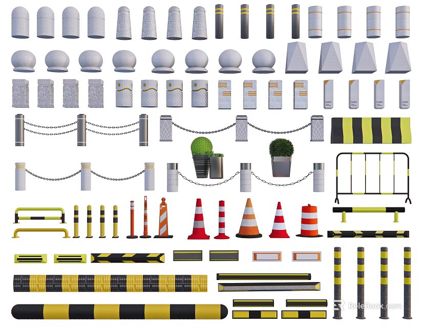 Essential Road Traffic Facilities With Traffic Cones Bollards Safety Barriers And Reflective Strips 3d model 