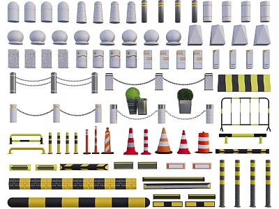 Essential Road Traffic Facilities With Traffic Cones Bollards Safety Barriers And Reflective Strips 3d model