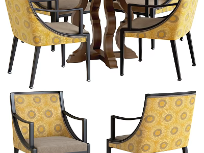 Modern Dining Table Set With Yellow Armchairs Circular Pattern And Dark Wooden Frame 3d model