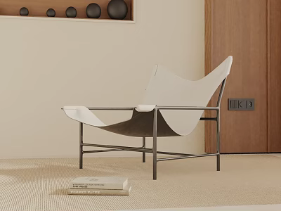 Modern Lounge Chair With Minimalist Design Metal Frame Light Upholstery Near Books And Circular Wall Decor 3d model