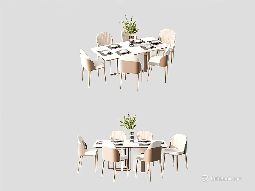 Modern Dining Table Set With Light Colored Chairs White Tabletop And Decorative Green Plant 3d model