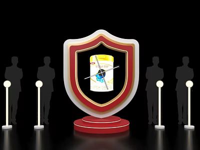 Shield Shaped Activation Device Displayed With Red Base And Silhouette Figures 3d model