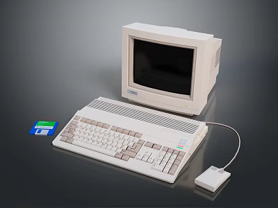 Vintage Computer Setup Featuring Monitor Keyboard Mouse and Floppy Disk on Dark Surface 3d model