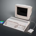 Vintage Computer Setup Featuring Monitor Keyboard Mouse and Floppy Disk on Dark Surface