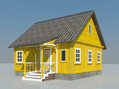 Yellow Detached House With Gray Roof White Windows And Porch Steps 3d model