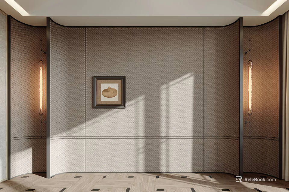 Modern Bed Background Wall Design With Textured Surface Wall Sconces And Artwork 3d model