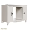 White Cabinet With Black Handles Open Storage Carved Details And Decorative Legs