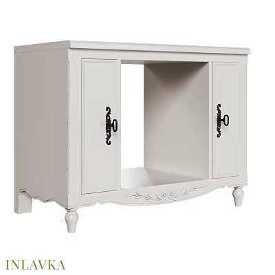 White Cabinet With Black Handles Open Storage Carved Details And Decorative Legs 3d model
