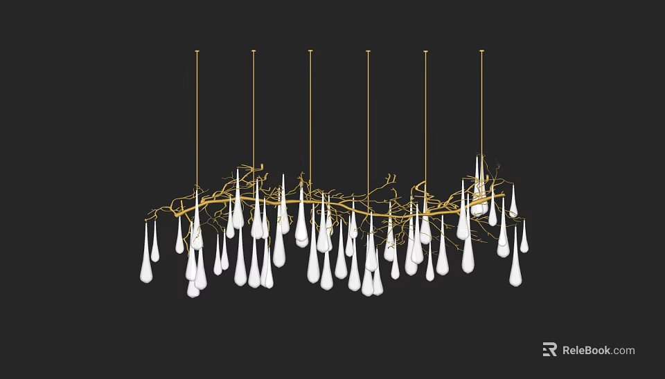 Stylish Modern Chandelier With Golden Frame And Multiple White Teardrop Pendants 3d model 
