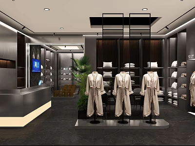 Stylish Modern Boutique Interior With Three Robed Mannequins Shelves Green Plants And Reception Counter 3d model