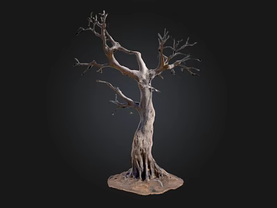 Detailed Leafless Tree with Thick Trunk and Exposed Roots on Dark Background 3d model