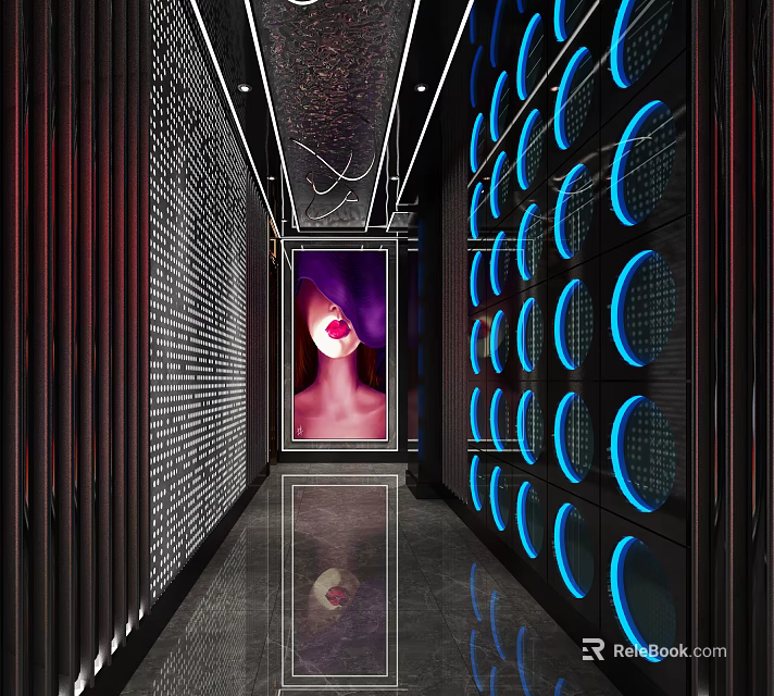 Modern KTV Corridor Interior With Neon Lights Decorative Walls Artwork And Mirrored Floor 3d model 
