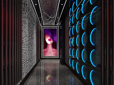 Modern KTV Corridor Interior With Neon Lights Decorative Walls Artwork And Mirrored Floor 3d model