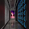 Modern KTV Corridor Interior With Neon Lights Decorative Walls Artwork And Mirrored Floor
