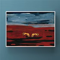 Artistic Animal Painting With Pink And Black White Spotted Horses On Black Background