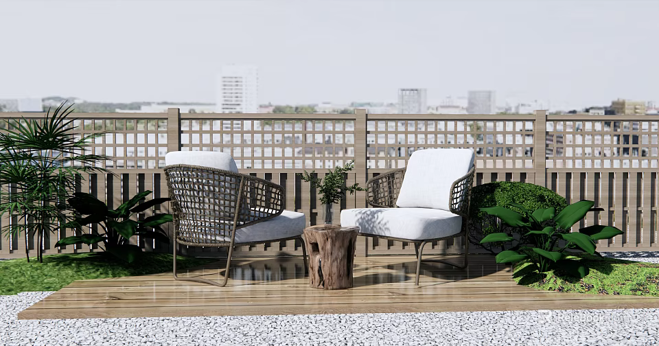 Wicker Outdoor Sofa with White Cushions on Rooftop Terrace Wooden Deck Green Plants City View 3d model 