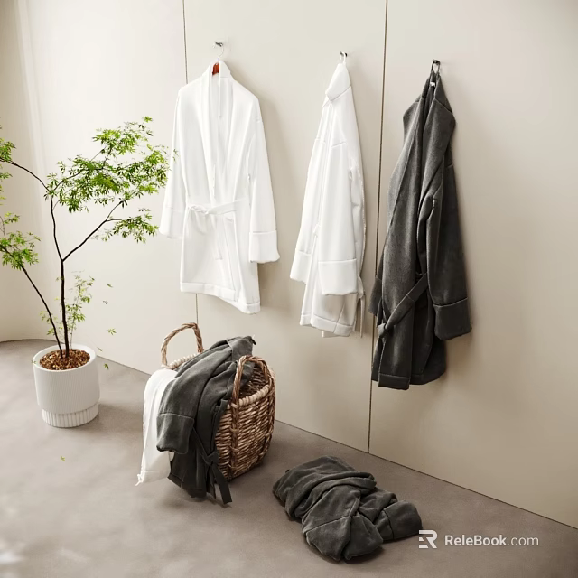 Cozy Clothes Display With Robes Woven Basket Plant And Floor Garments 3d model 