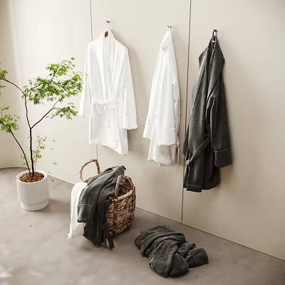 Cozy Clothes Display With Robes Woven Basket Plant And Floor Garments 3d model