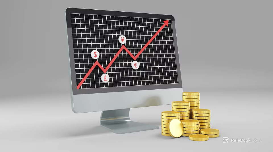 Computer Screen Displaying Rising Graph With Dollar Signs And Gold Coins Stacked 3d model 