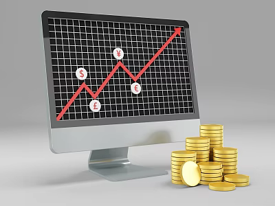Computer Screen Displaying Rising Graph With Dollar Signs And Gold Coins Stacked 3d model