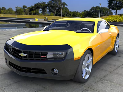 Yellow Chevrolet Sports Coupe With Stylish Front Design And Alloy Wheels On Outdoor Paved Ground 3d model