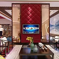 Chinese Style Clubhouse Interior With Mahogany Furniture Red Walls Chandelier And Circular Decor