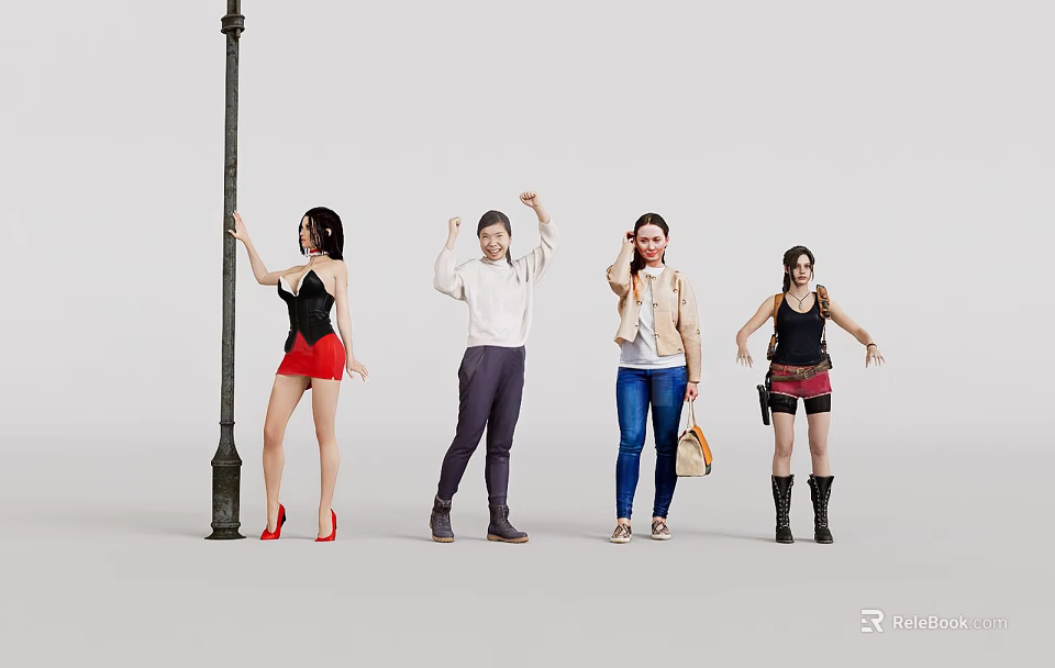 Women Posing Waving Standing By Street Lamp In Different Casual Outfits Red Shorts Denim Pants 3d model 