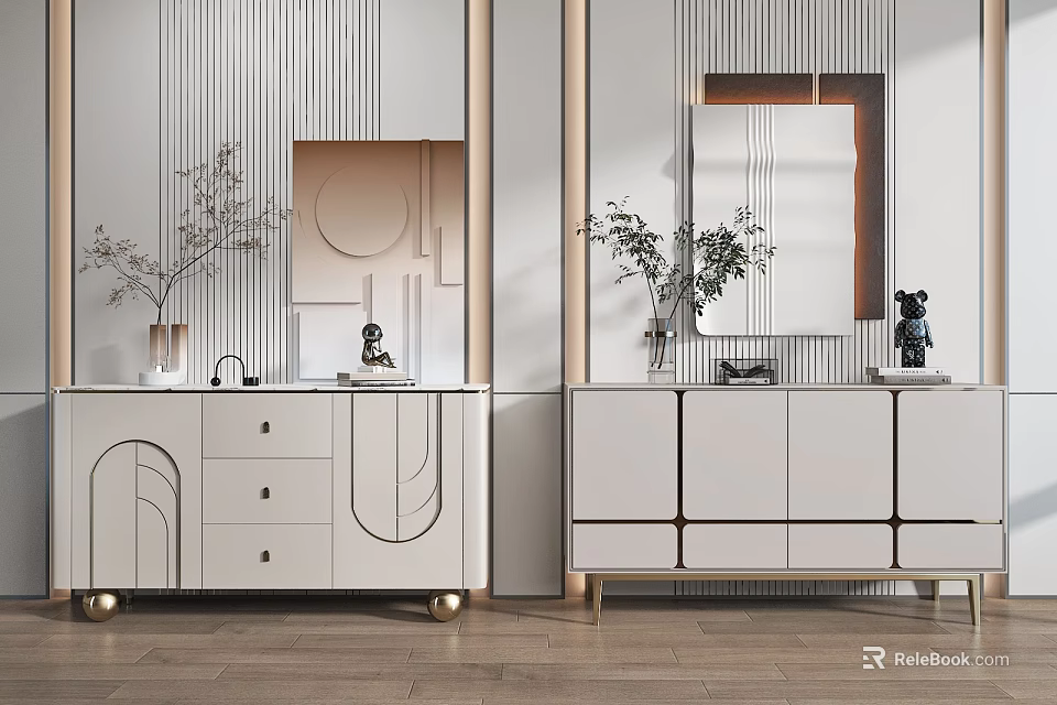 Elegant Modern Entryway Cabinet and Side Cabinet with Mirror Vase and Metal Legs 3d model 