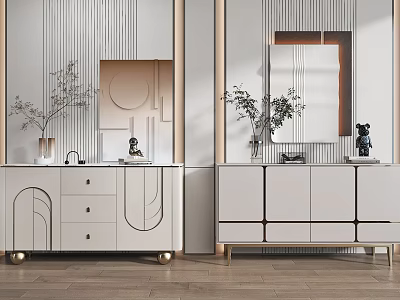 Elegant Modern Entryway Cabinet and Side Cabinet with Mirror Vase and Metal Legs 3d model
