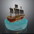 Red Sailboat Model With Multiple Masts Black Sails And Blue Transparent Base