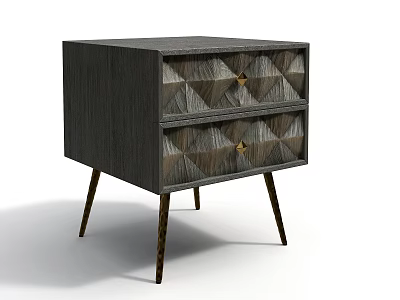 Wooden Nightstand With Geometric Pattern Two Drawers Brass Knobs And Slender Legs 3d model