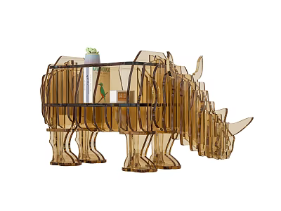 Rhino Shaped Acrylic Bookcase with Black Frame Books and Small Potted Plant Decor 3d model