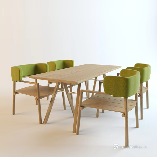 Rectangular Wooden Dining Table Set With Four Green Chairs And Wooden Legs 3d model