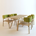 Rectangular Wooden Dining Table Set With Four Green Chairs And Wooden Legs 3d model