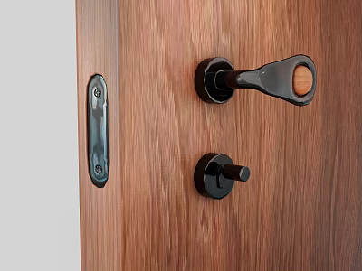 Black Metal Door Handle With Wooden Accent On Brown Wooden Door Interior 3d model
