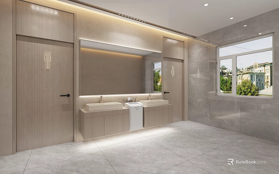 Modern Public Restroom Interior Design With Washbasins Mirrors Tile Walls And Soft Lighting 3d model 