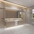 Modern Public Restroom Interior Design With Washbasins Mirrors Tile Walls And Soft Lighting