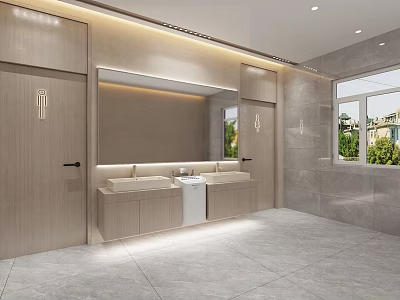 Modern Public Restroom Interior Design With Washbasins Mirrors Tile Walls And Soft Lighting 3d model