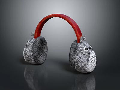 Totoro Shaped Headphones With Gray Textured Earpads And Red Headband Cute Design For Music Lovers 3d model
